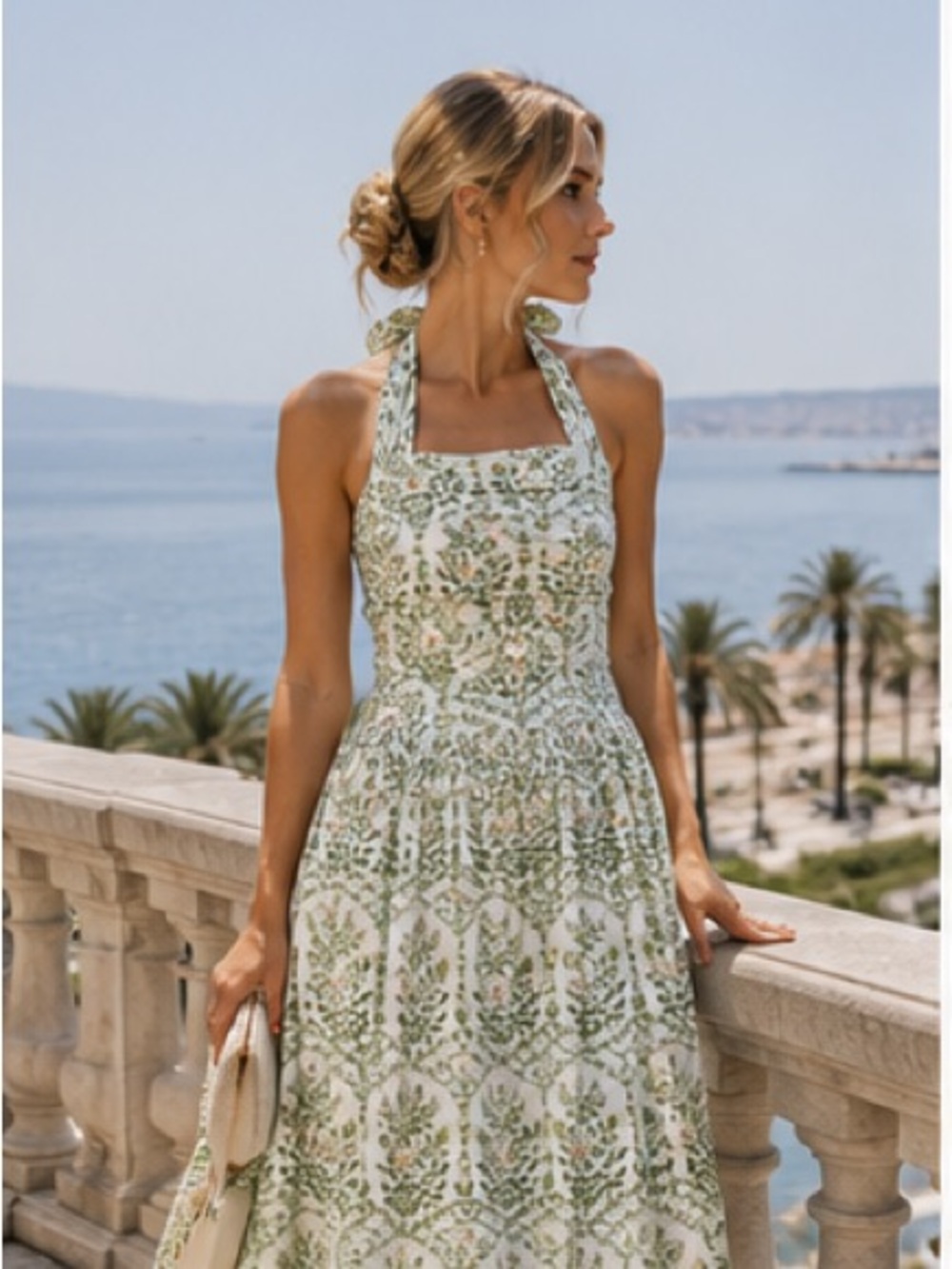 H&M White and Green Floral Halter Midi Dress - Picture 3 of 16
